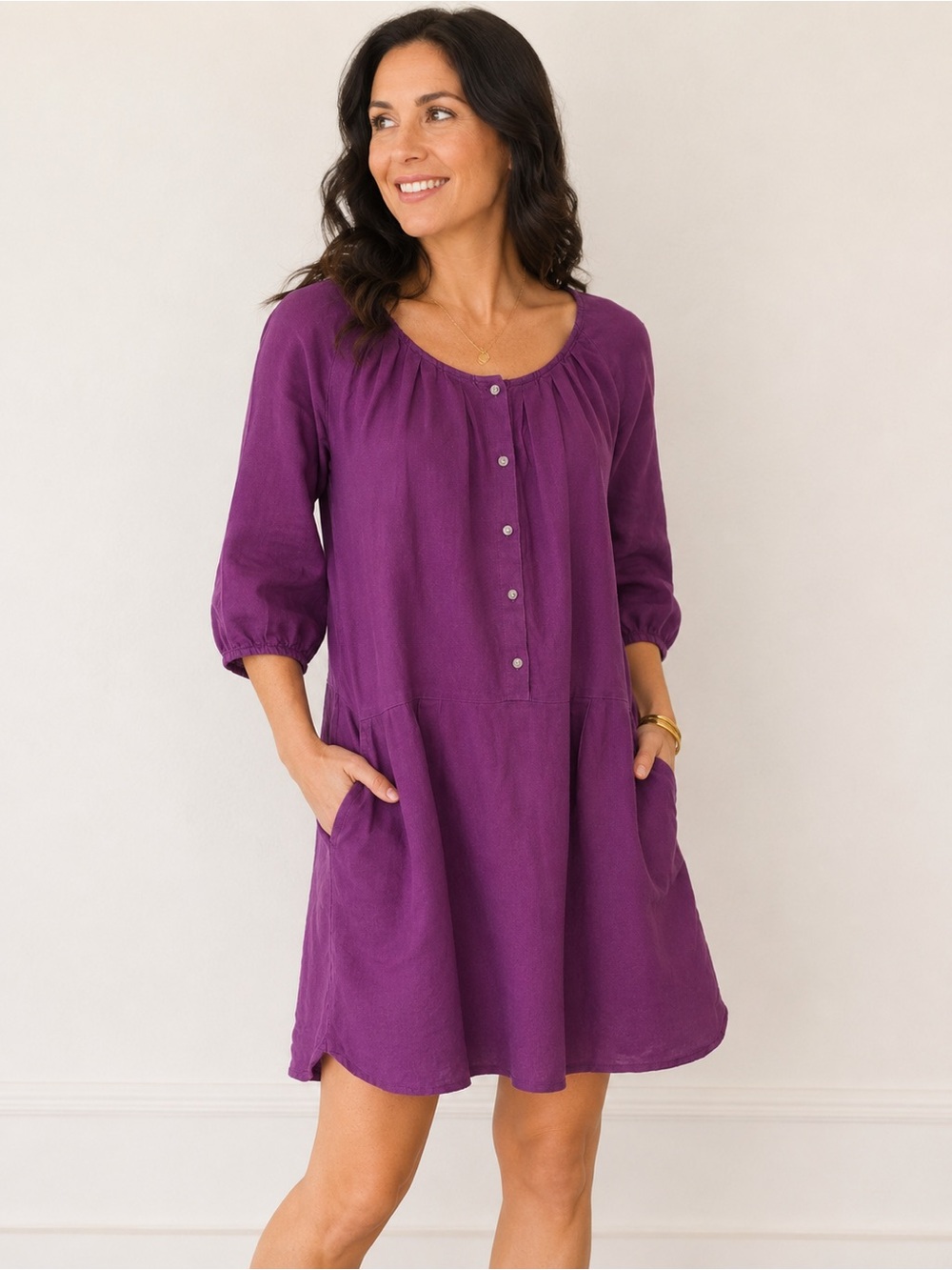 Lord & Taylor Purple Linen Button-Front Tunic Dress Size S Minimalist Casual